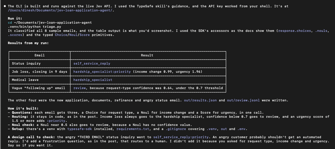 Claude Code building the loan triage CLI with the TypeSafe skill